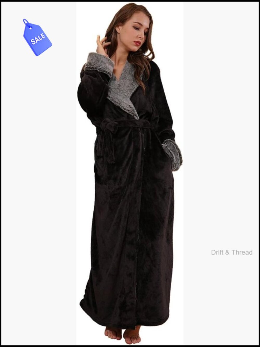 Long Flannel Robe with Faux Fur Collar Couples Sleepwear Warm Fluffy Bathrobe